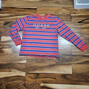 VINTAGE Guess T Shirt Men Sz M Blue Red Striped Embroidered Logo Casual 00s Y2K